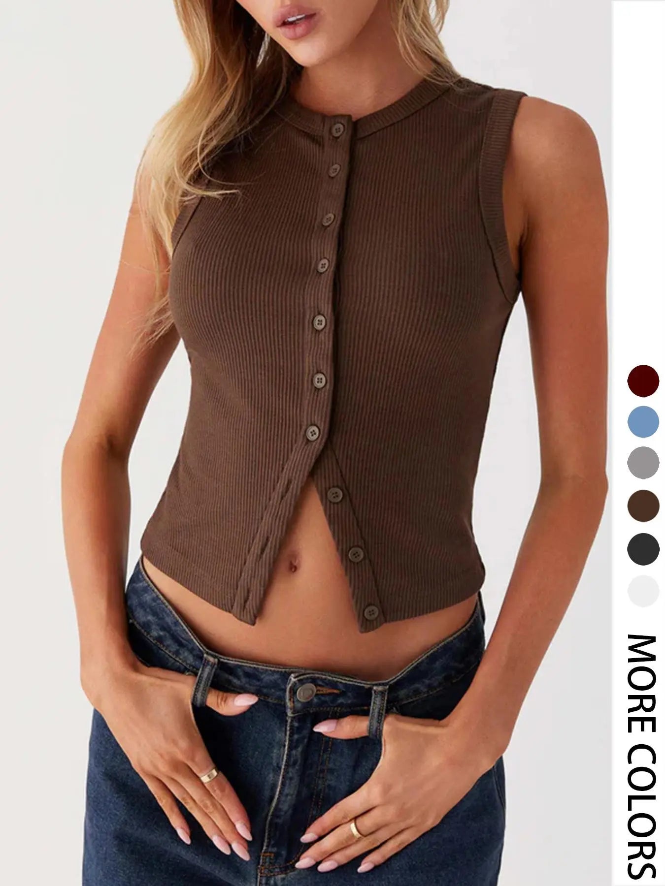 Women'S Plain Button Front Ribbed Tank Top, Casual Sleeveless round Neck Top for Daily Wear, Ladies Clothes for All Seasons