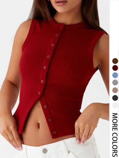 Women'S Plain Button Front Ribbed Tank Top, Casual Sleeveless round Neck Top for Daily Wear, Ladies Clothes for All Seasons
