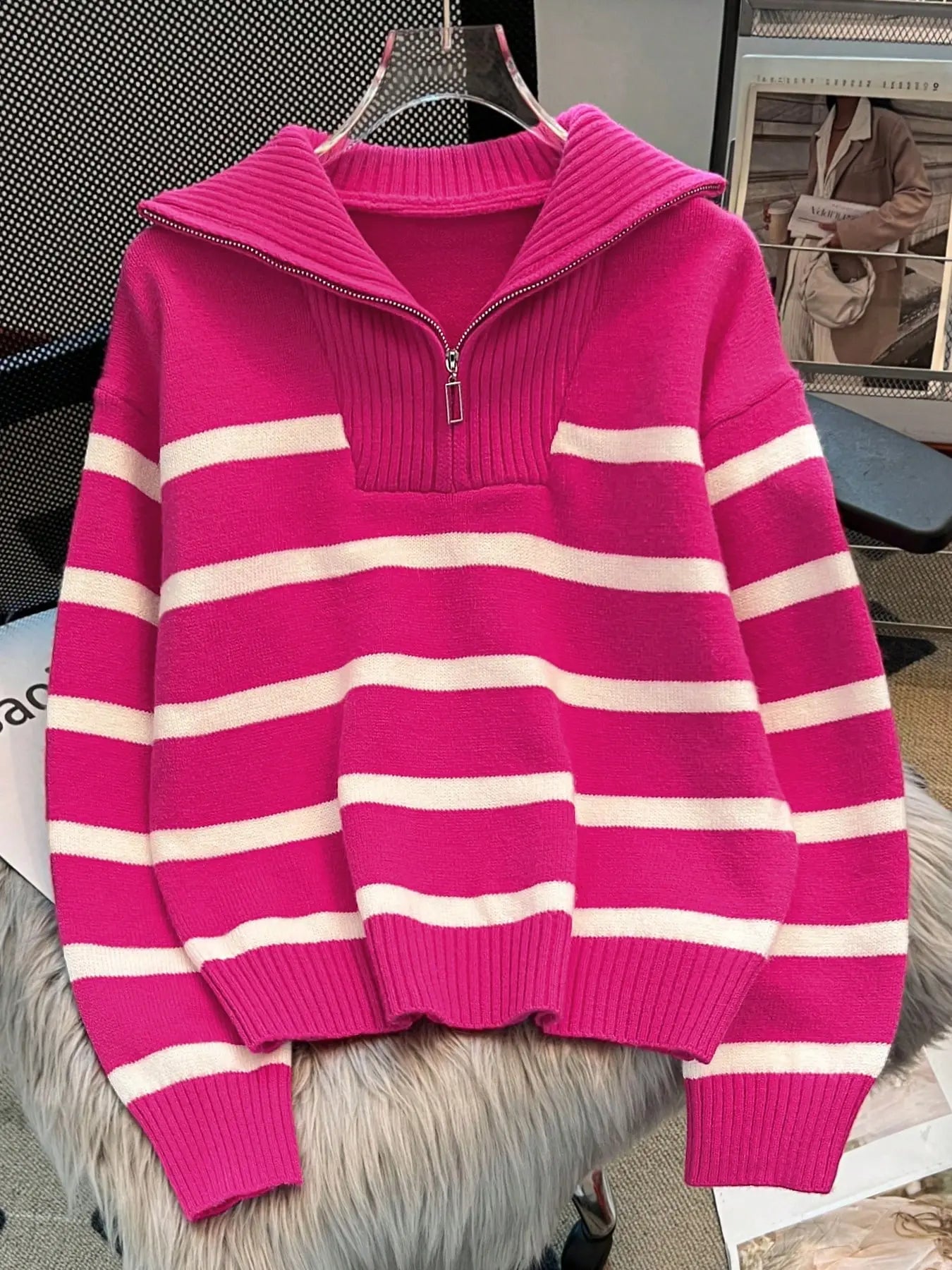 Women'S Fashion Striped Print Zipper Drop Shoulder Sweater, Casual Long Sleeve Collared Jumper for Daily Outdoor Wear, Women Knitwear Top for Fall & Winter, National Day Clothing