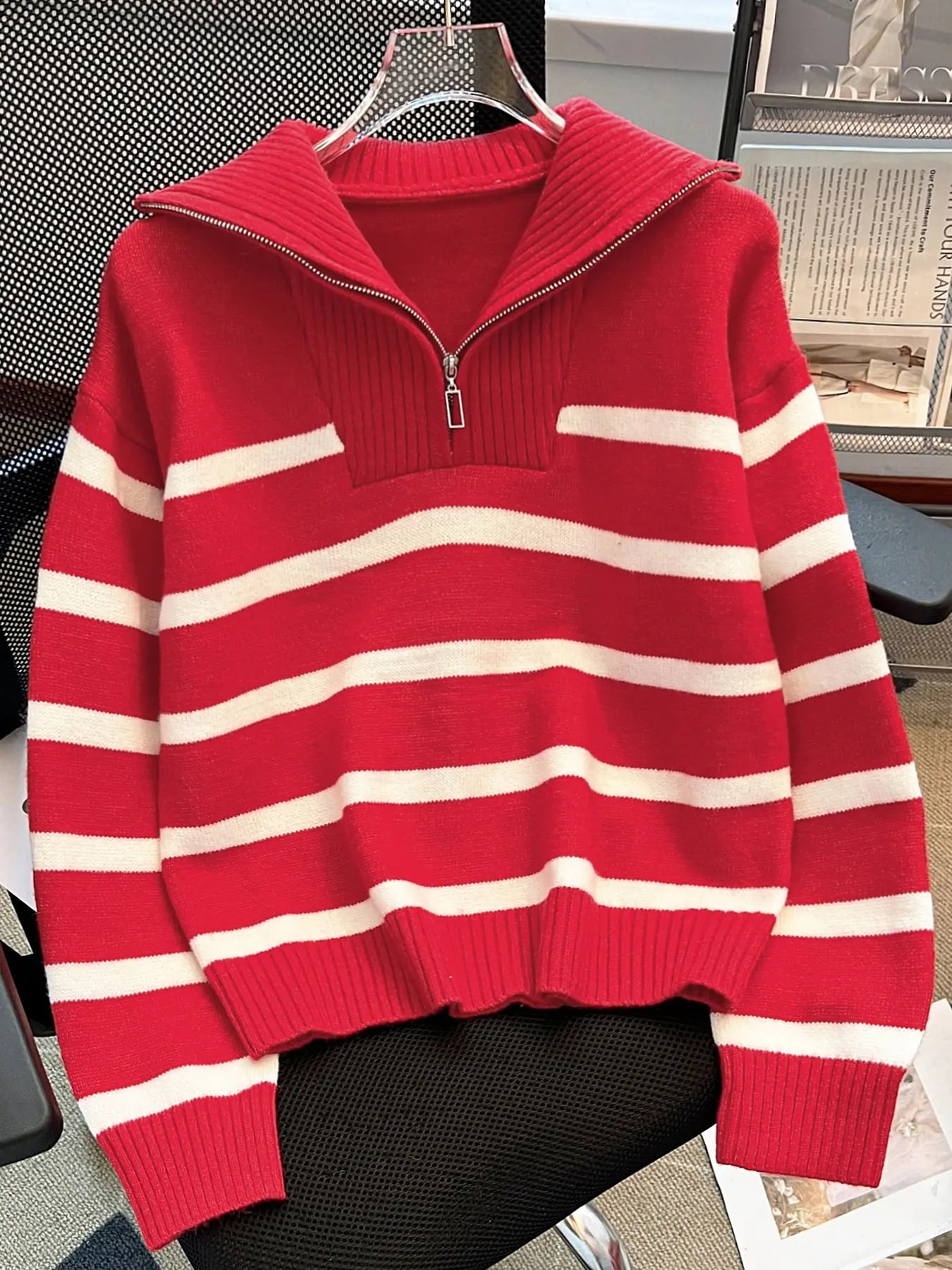 Women'S Fashion Striped Print Zipper Drop Shoulder Sweater, Casual Long Sleeve Collared Jumper for Daily Outdoor Wear, Women Knitwear Top for Fall & Winter, National Day Clothing