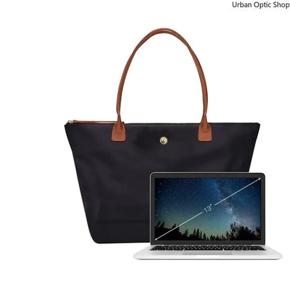 Women's Large Capacity Nylon Oxford Tote Bag with Contrast Leather Handles for Commuting and Daily Travel