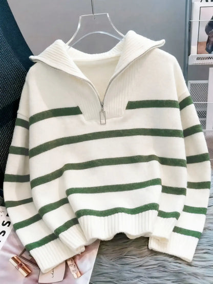 Women'S Fashion Striped Print Zipper Drop Shoulder Sweater, Casual Long Sleeve Collared Jumper for Daily Outdoor Wear, Women Knitwear Top for Fall & Winter, National Day Clothing