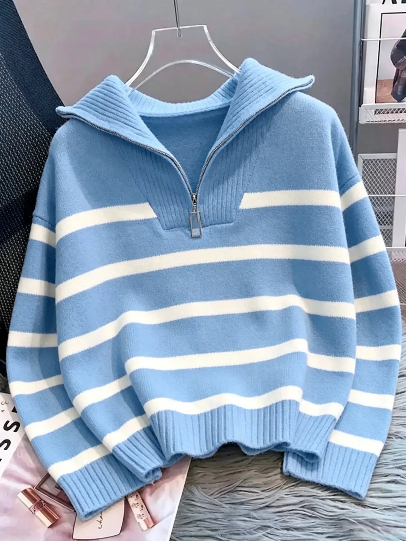 Women'S Fashion Striped Print Zipper Drop Shoulder Sweater, Casual Long Sleeve Collared Jumper for Daily Outdoor Wear, Women Knitwear Top for Fall & Winter, National Day Clothing