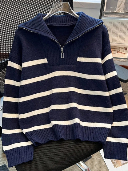 Women'S Fashion Striped Print Zipper Drop Shoulder Sweater, Casual Long Sleeve Collared Jumper for Daily Outdoor Wear, Women Knitwear Top for Fall & Winter, National Day Clothing