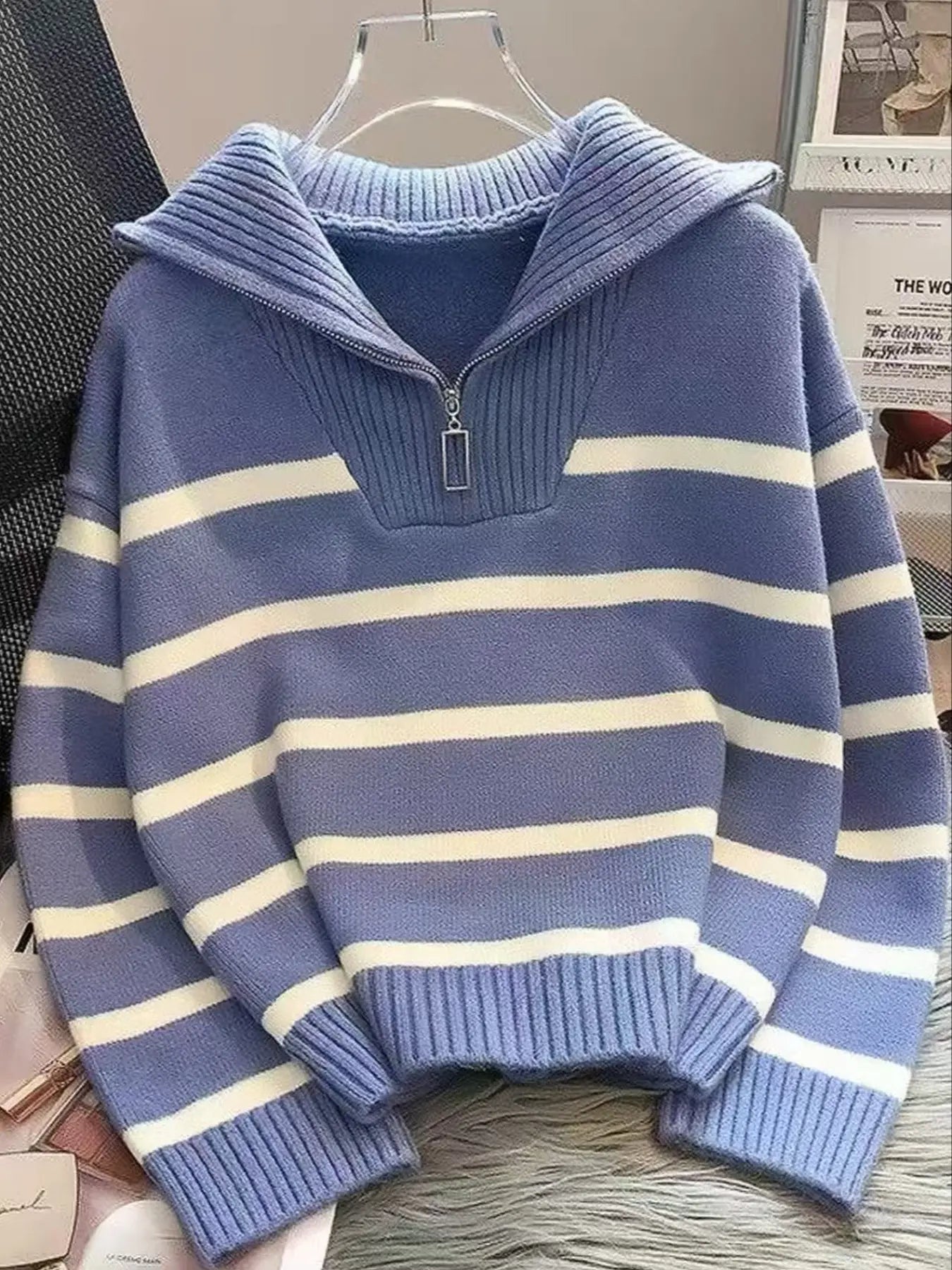Women'S Fashion Striped Print Zipper Drop Shoulder Sweater, Casual Long Sleeve Collared Jumper for Daily Outdoor Wear, Women Knitwear Top for Fall & Winter, National Day Clothing
