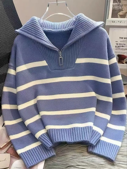 Women'S Fashion Striped Print Zipper Drop Shoulder Sweater, Casual Long Sleeve Collared Jumper for Daily Outdoor Wear, Women Knitwear Top for Fall & Winter, National Day Clothing
