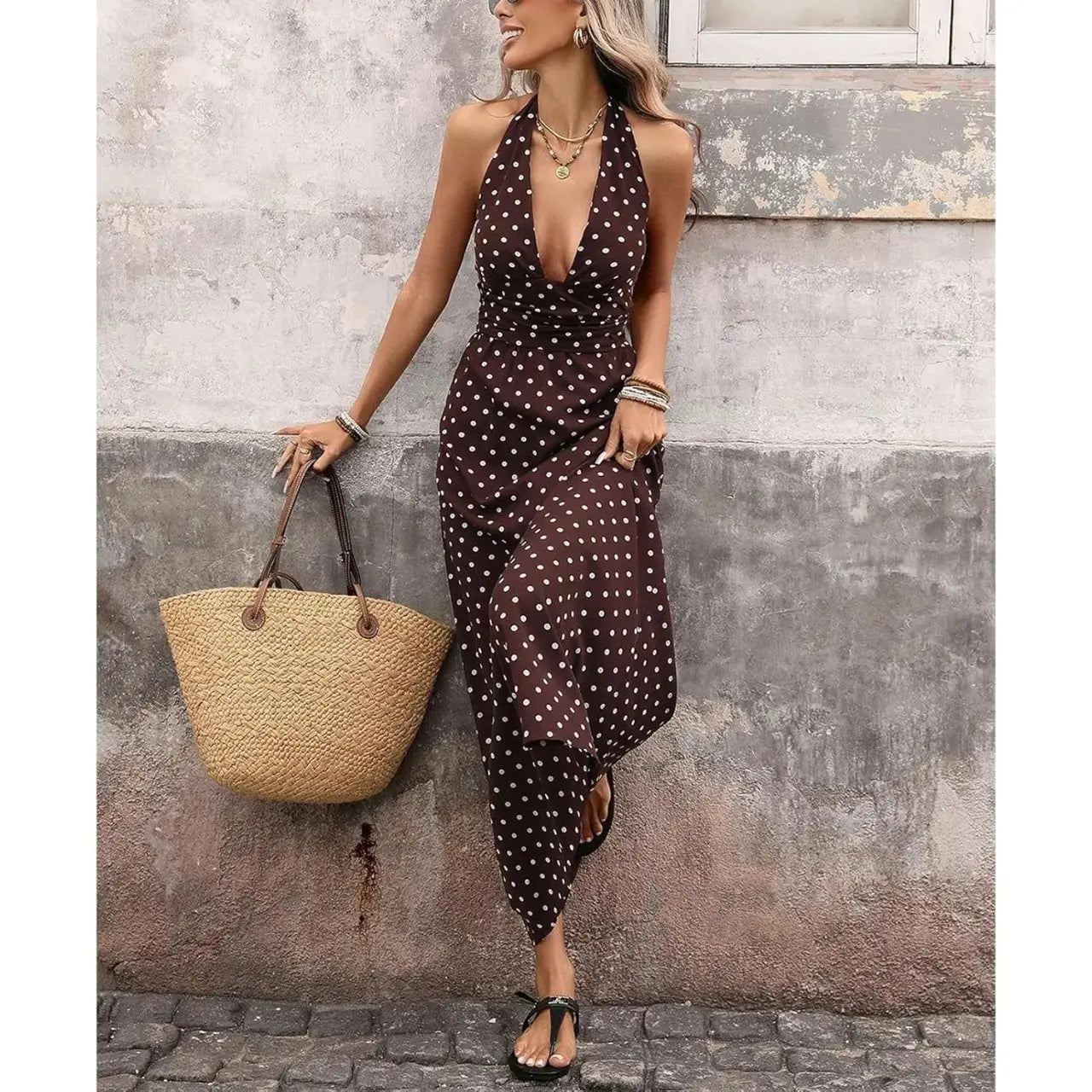 Brown Polka Dot Halter Maxi Dress for Women, Sleeveless Backless Deep V Neck A-Line Sundress, Elegant Boho Summer Dress, Vacation Dresses and Wedding Guest Dresses for Beach, Resort, Cruise and Holiday