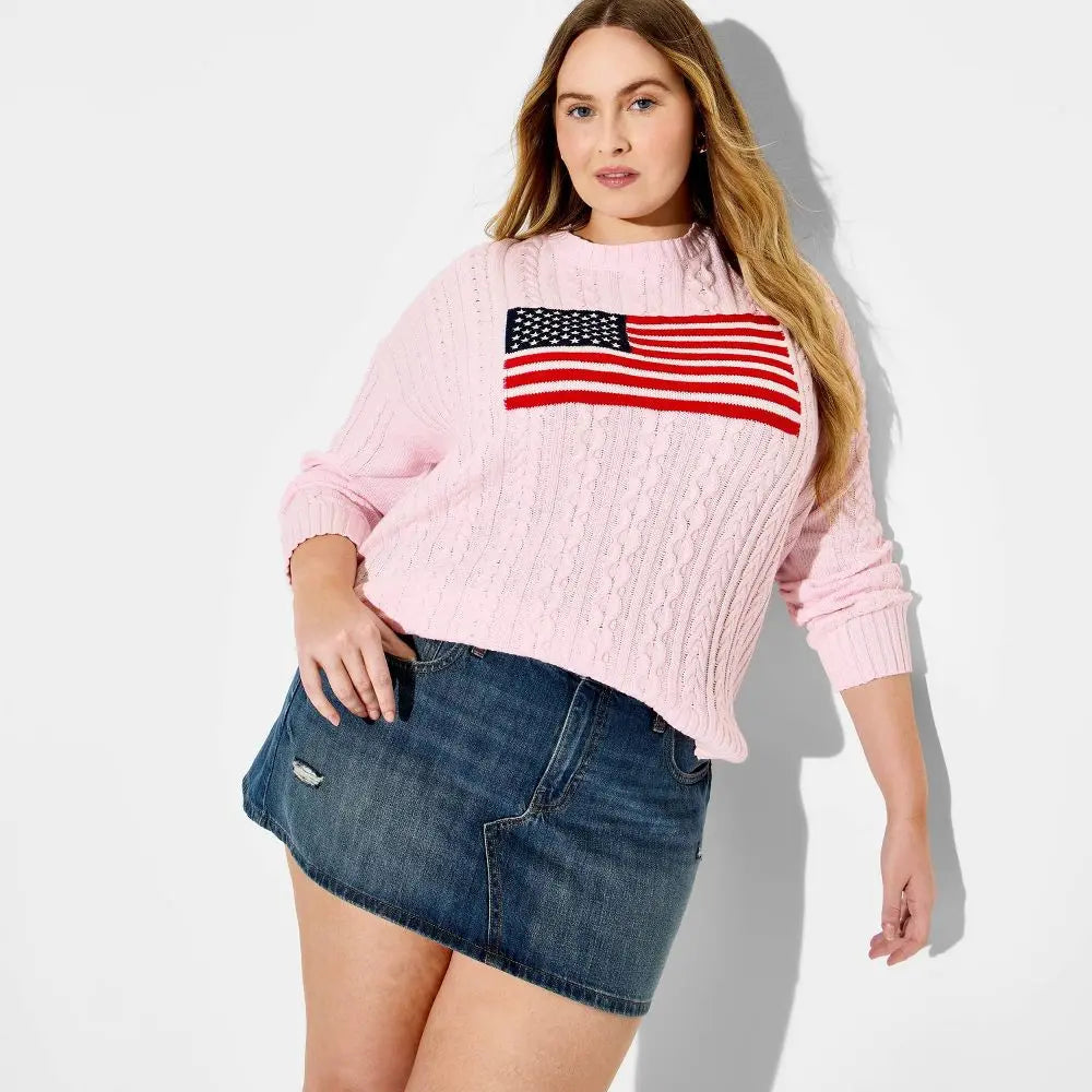 Women'S Crewneck American Flag Pullover Sweater - Wild Fable Light Flags
