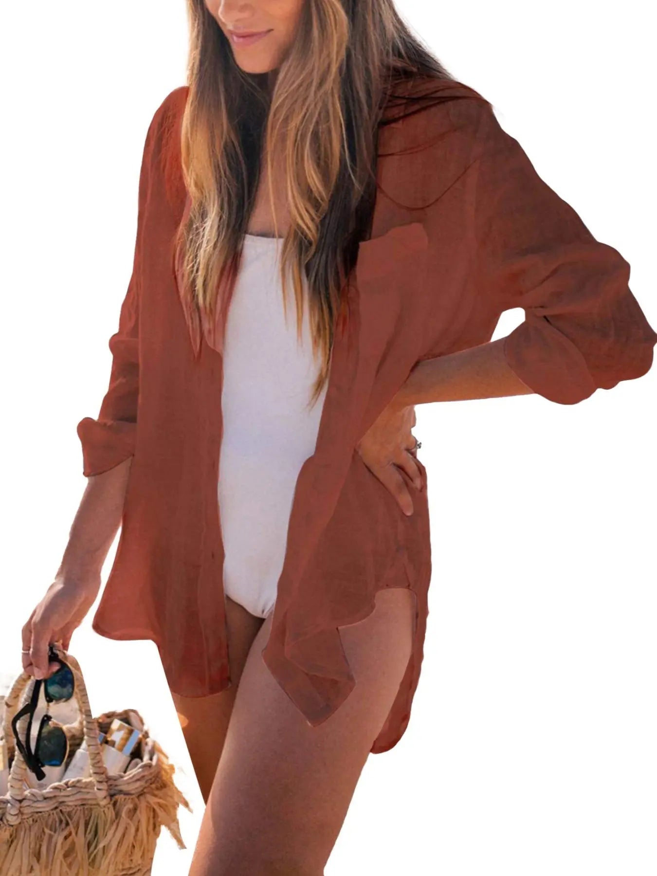 Women'S Semi-Sheer Button Front Cover Up, Casual Style Long Sleeve Pocket Shirt Collar Blouse Top for Beach Holiday Vacation, Women'S Clothes for Spring, Womenswear, Fit