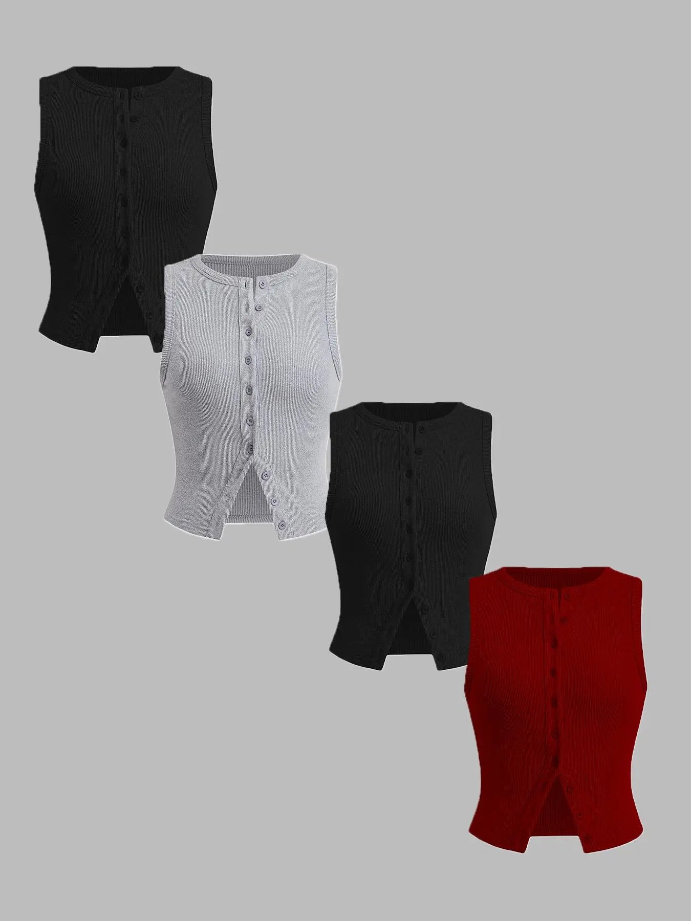 Women'S Plain Button Front Ribbed Tank Top, Casual Sleeveless round Neck Top for Daily Wear, Ladies Clothes for All Seasons